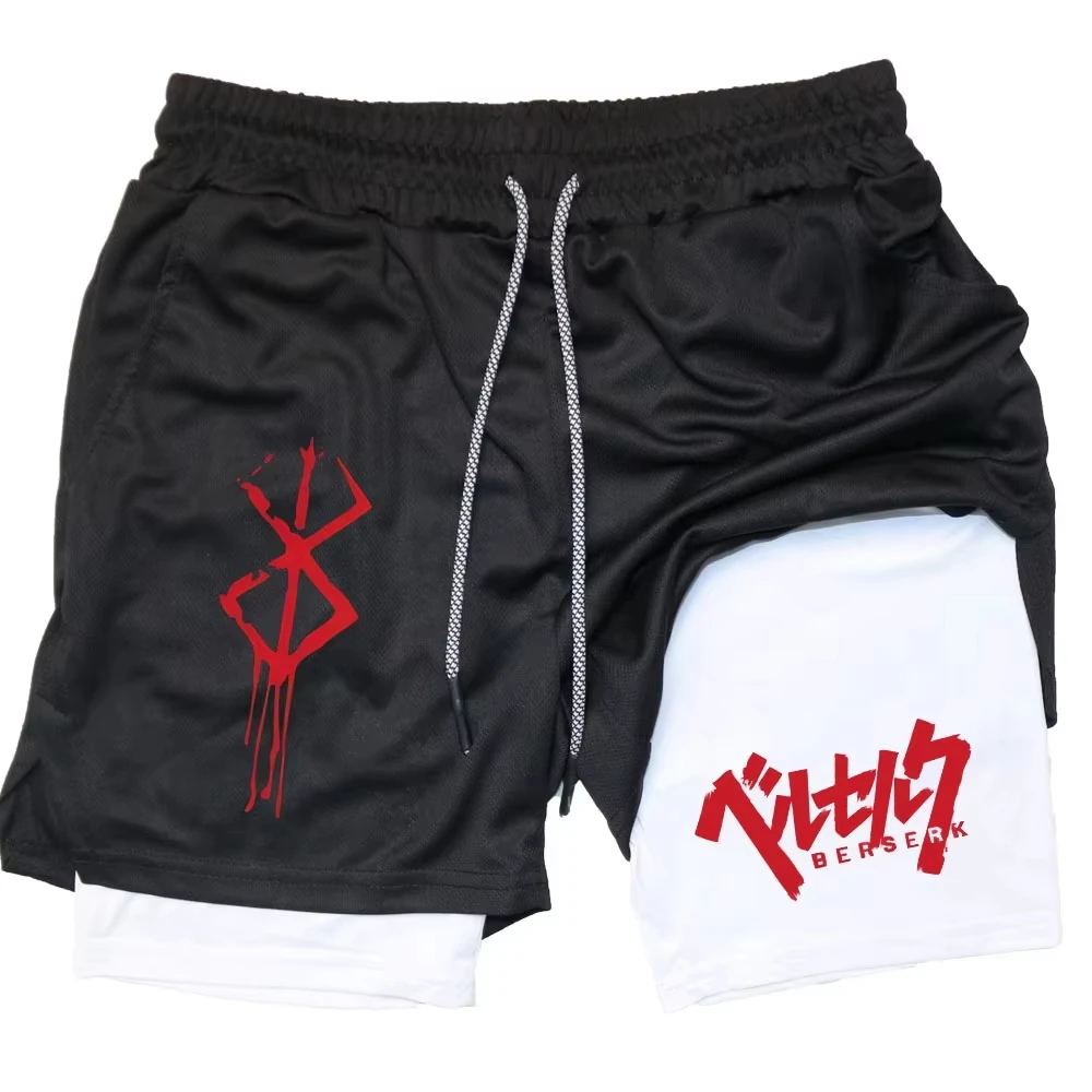 Anime Berserk 2 in 1 Compression Shorts for Men - Running, Training, Yoga Gym Workout Sportswear with Pockets