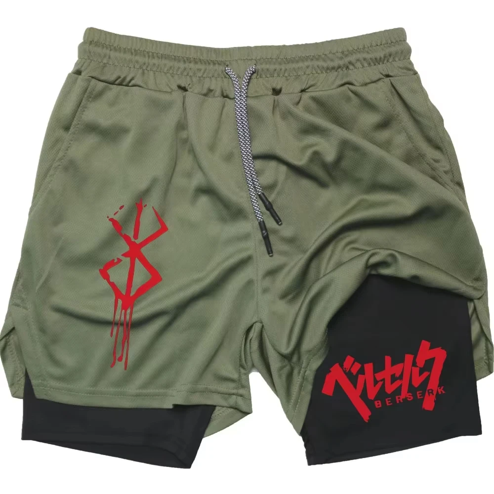 Anime Berserk 2 in 1 Compression Shorts for Men - Running, Training, Yoga Gym Workout Sportswear with Pockets