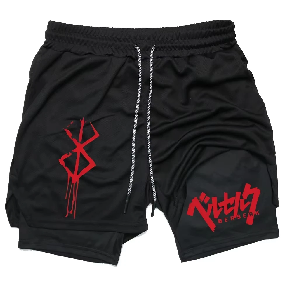 Anime Berserk 2 in 1 Compression Shorts for Men - Running, Training, Yoga Gym Workout Sportswear with Pockets