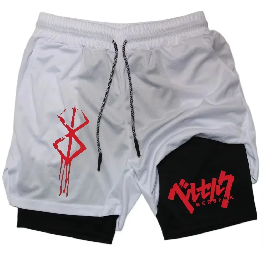 Anime Berserk 2 in 1 Compression Shorts for Men - Running, Training, Yoga Gym Workout Sportswear with Pockets