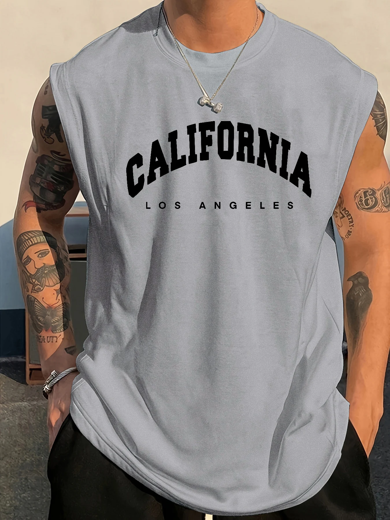 100% Pure Cotton Men's Summer Fashion Casual Sports Loose California Letter Print Fitness Breathable Round Neck Sleeveless Vest
