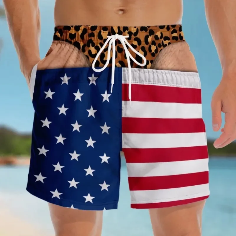 Men Funny Prank USA Flag Fake Butt Beach Shorts Novelty 3D Print Quick‑Dry Drawstring Elastic Waist Party Swim Board Trunks