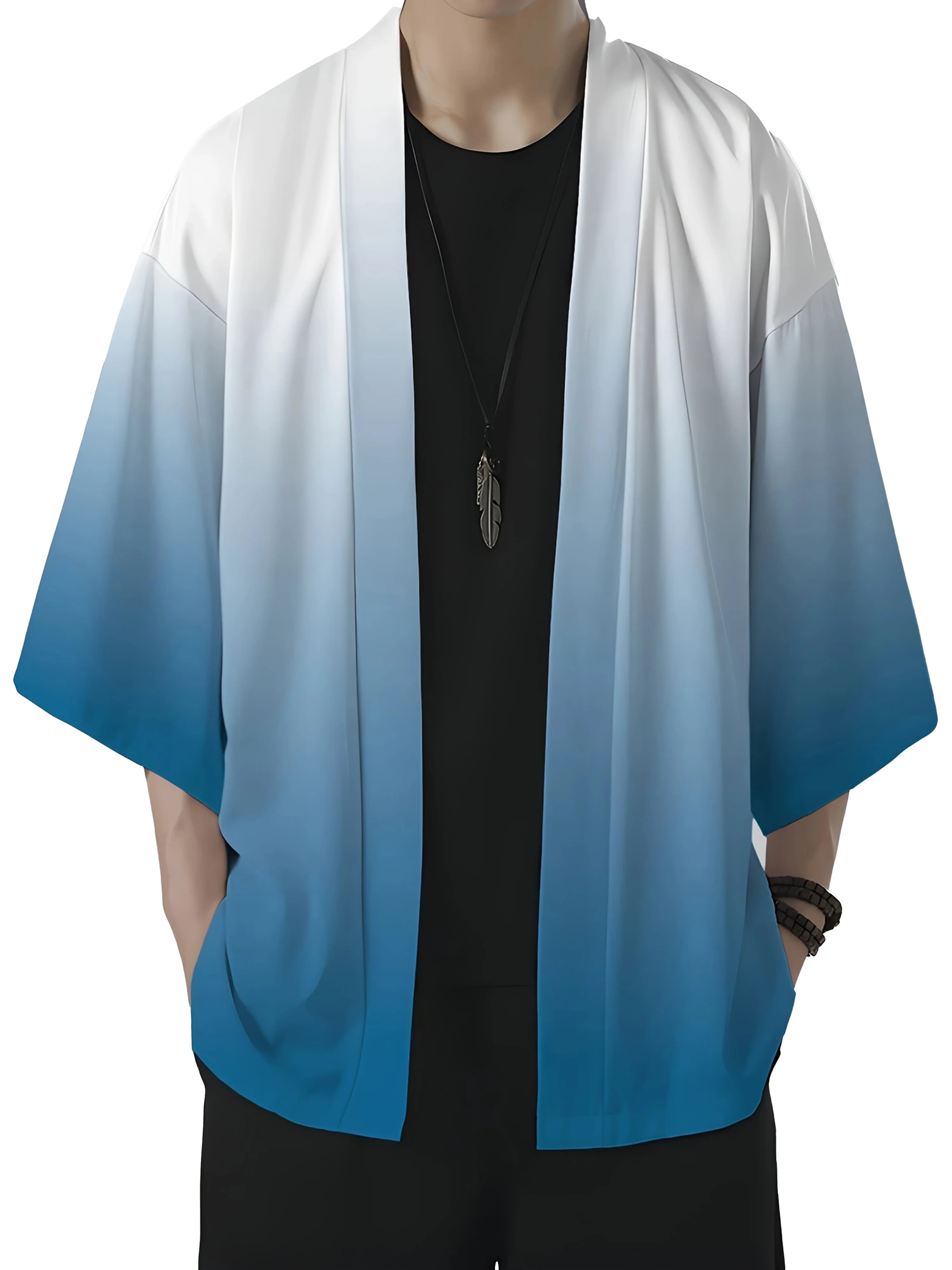 Men's Fashion Gradient Print Loose-Fit Kimono Casual Summer Beachwear,Open Front, Lightweight Polyester Kimono Style Streetwear