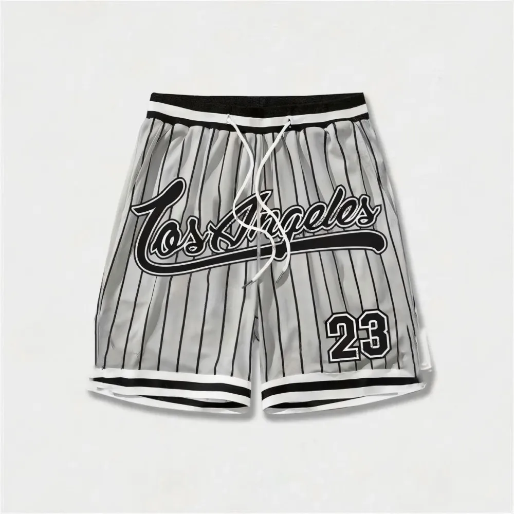 European and American men's summer Gothic letter stripe print comfortable breathable drawstring shorts outdoor casual pants