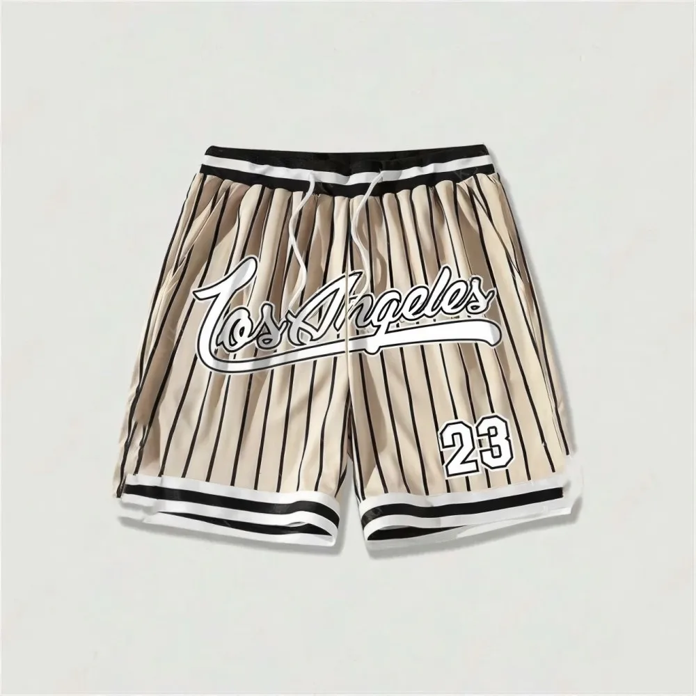 European and American men's summer Gothic letter stripe print comfortable breathable drawstring shorts outdoor casual pants