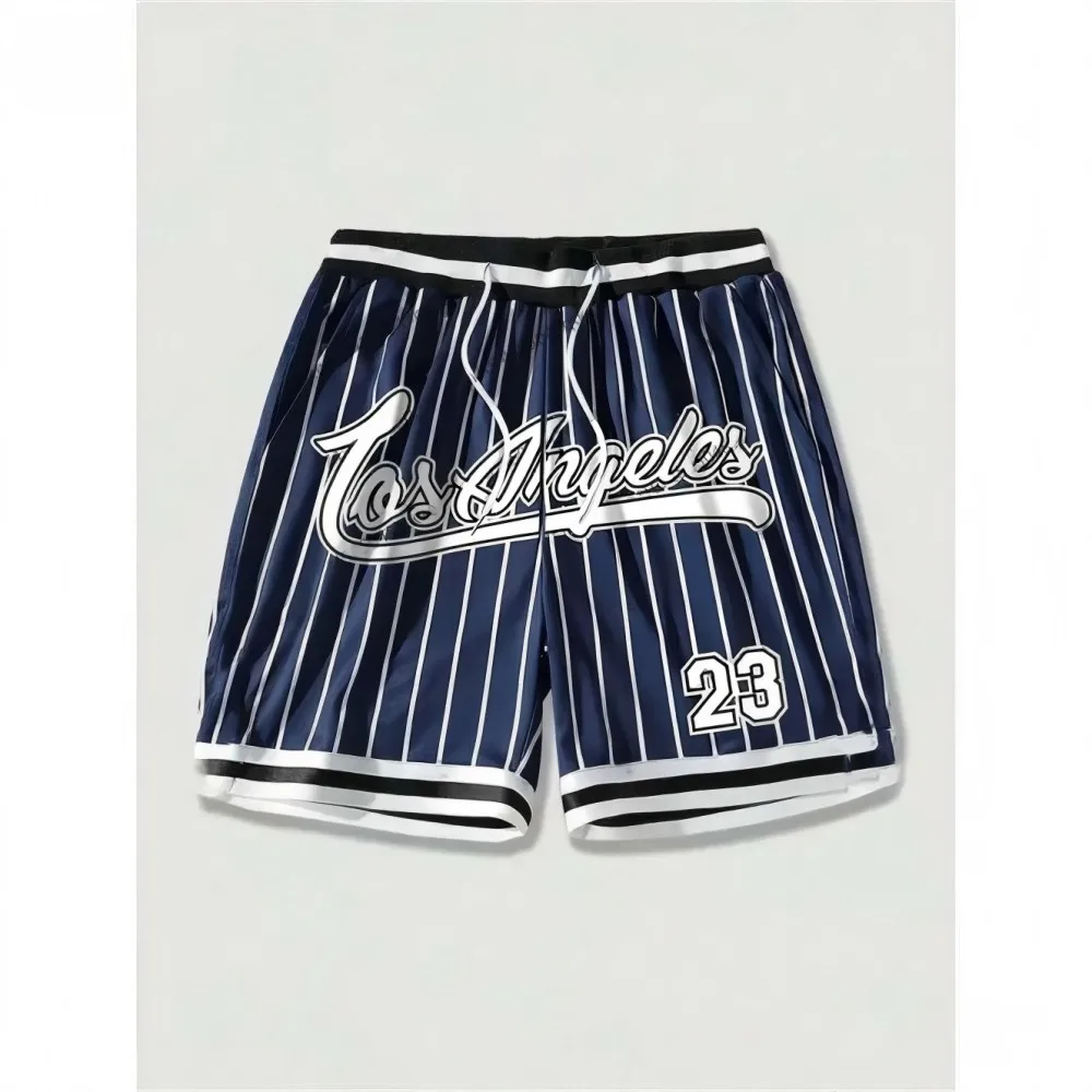 European and American men's summer Gothic letter stripe print comfortable breathable drawstring shorts outdoor casual pants