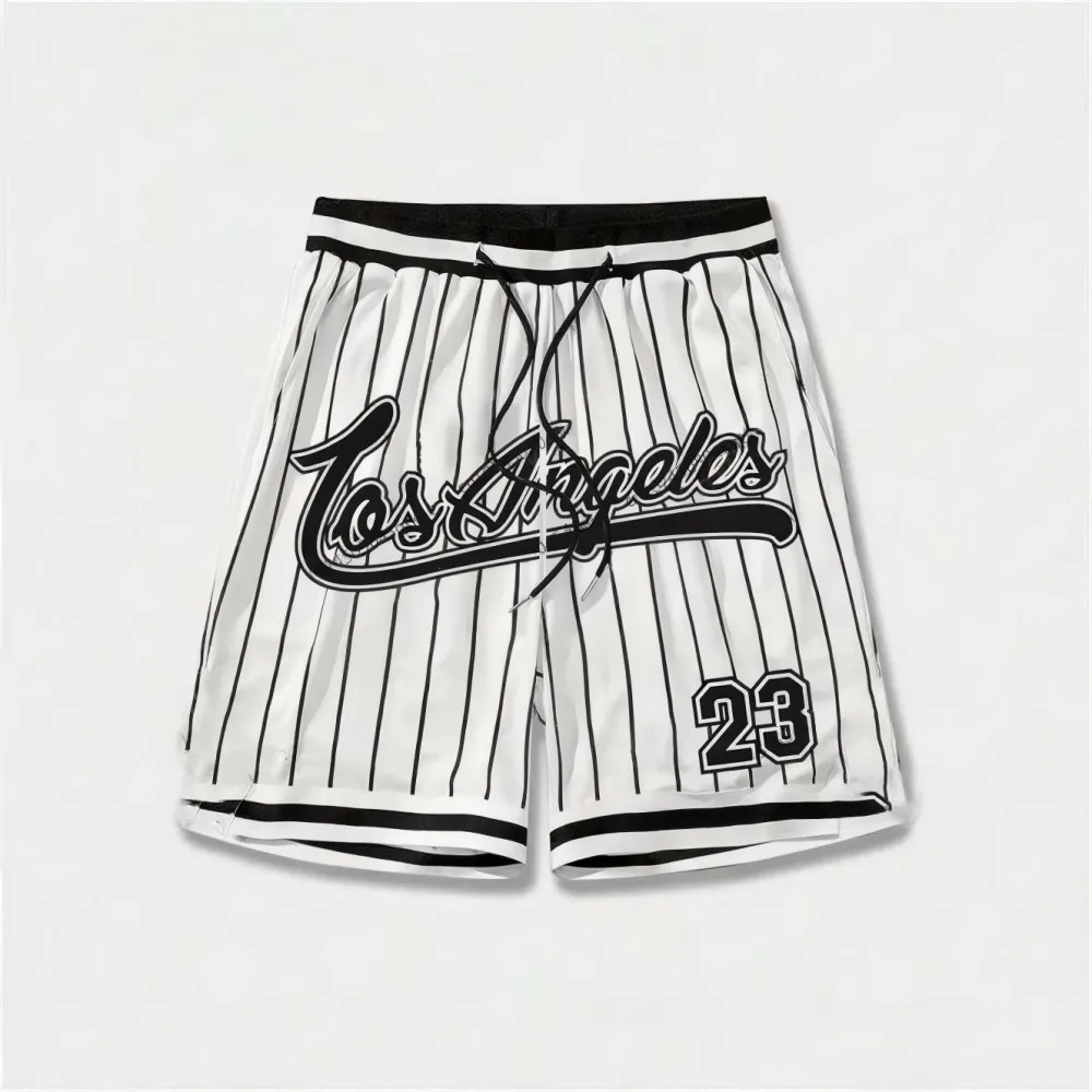 European and American men's summer Gothic letter stripe print comfortable breathable drawstring shorts outdoor casual pants