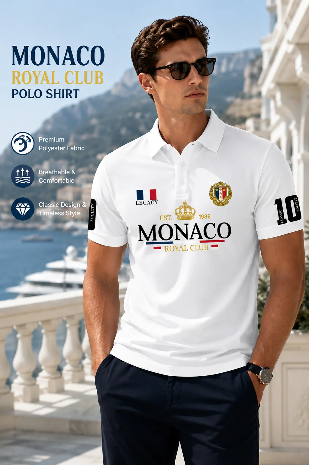 Men's Elegant Style Polo Shirt Royal Crown Print Turn Down Collar Short Sleeve Tops with Number 10 Sleeve Detail S-XXL