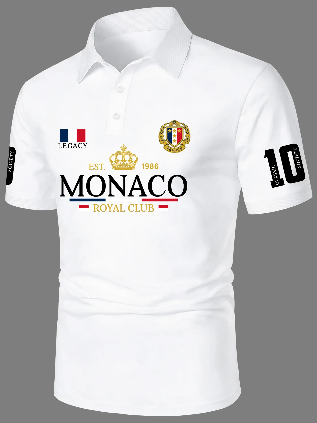 Men's Elegant Style Polo Shirt Royal Crown Print Turn Down Collar Short Sleeve Tops with Number 10 Sleeve Detail S-XXL
