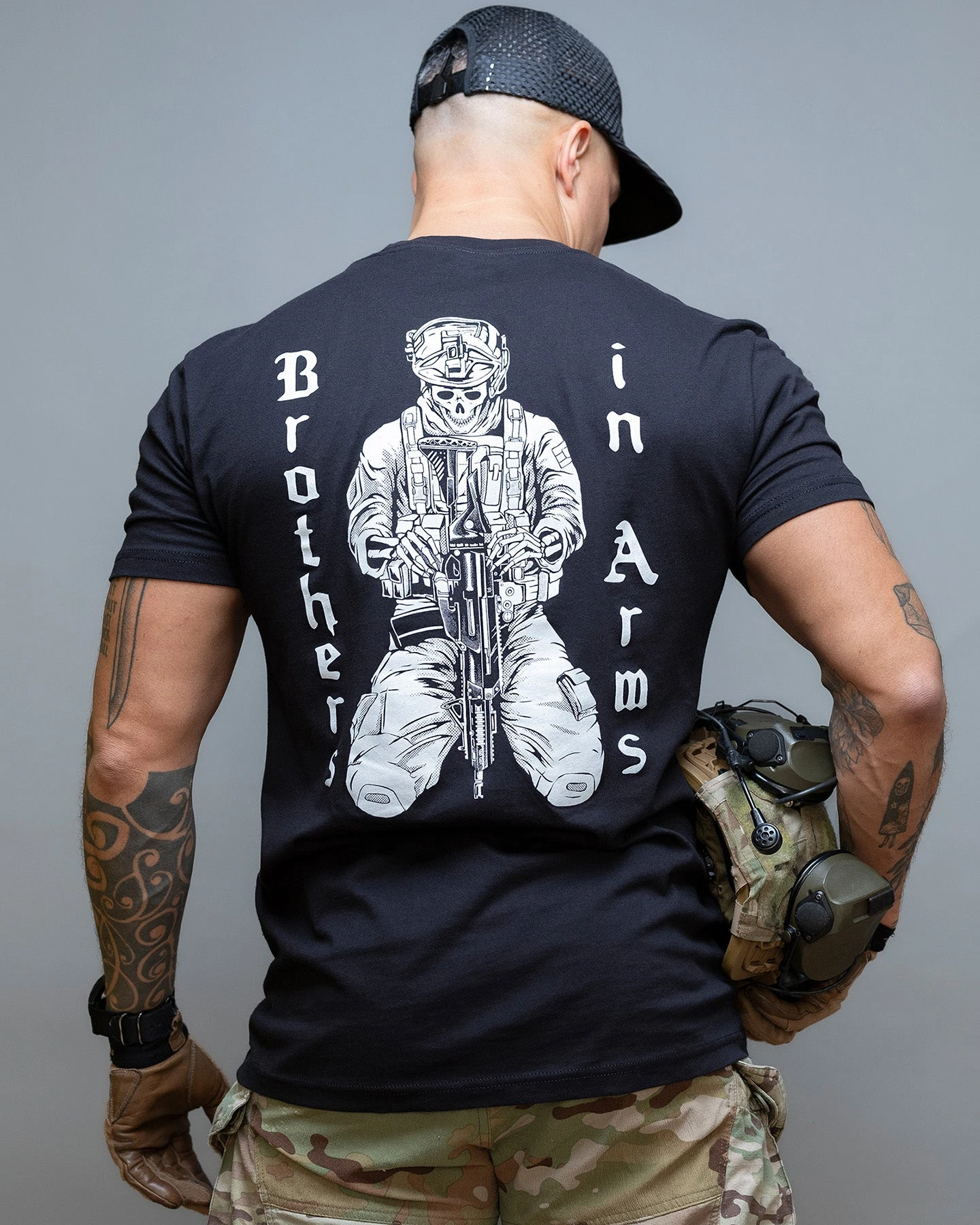 Unisex Military Tactical Skull Soldier Print T-Shirt Black Cotton Short Sleeve Back Big Print Casual Army Style Streetwear Tee