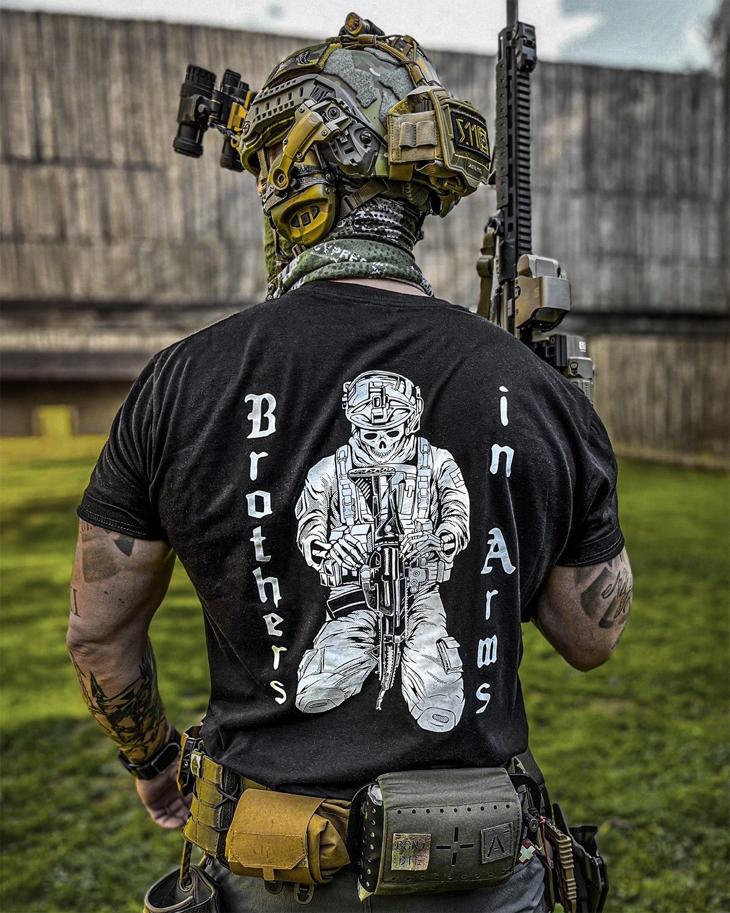 Unisex Military Tactical Skull Soldier Print T-Shirt Black Cotton Short Sleeve Back Big Print Casual Army Style Streetwear Tee