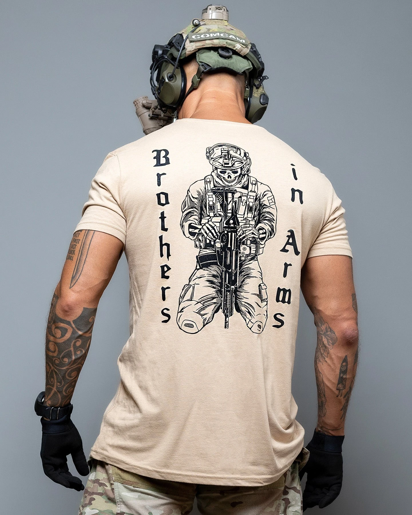 Unisex Military Tactical Skull Soldier Print T-Shirt Black Cotton Short Sleeve Back Big Print Casual Army Style Streetwear Tee