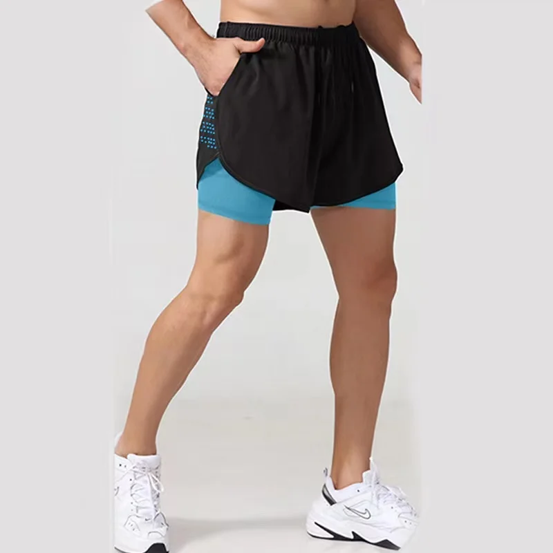 Men's Double Layer Shorts Summer Quick-drying Shorts Casual Fashion Male Clothing Beach Bottoms 2 in 1 Black Gyms Short Pant Men