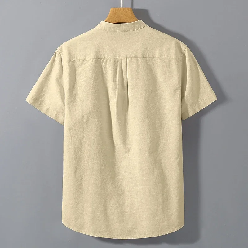 New Mens Short Sleeve T Shirts Solid Color Stand Up Collar Shirt Summer Trendy Breathable Loose Youth Basic Cotton Pocket Top