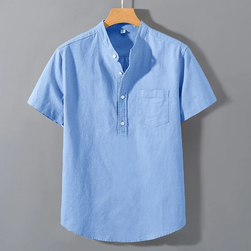 New Mens Short Sleeve T Shirts Solid Color Stand Up Collar Shirt Summer Trendy Breathable Loose Youth Basic Cotton Pocket Top
