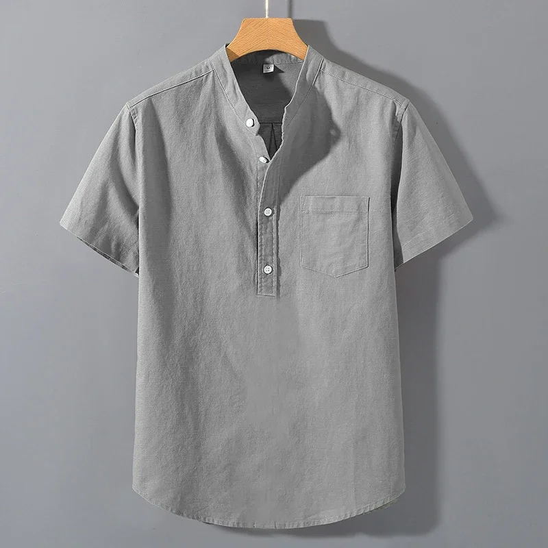New Mens Short Sleeve T Shirts Solid Color Stand Up Collar Shirt Summer Trendy Breathable Loose Youth Basic Cotton Pocket Top