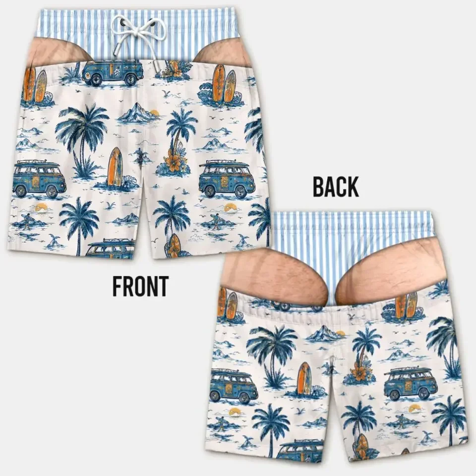 Funny 3D Hairy Butt Print Men’s Beach Shorts Elastic Drawstring Novelty Swim Trunks Quick Dry Pool Party Vacation XXS-6XL