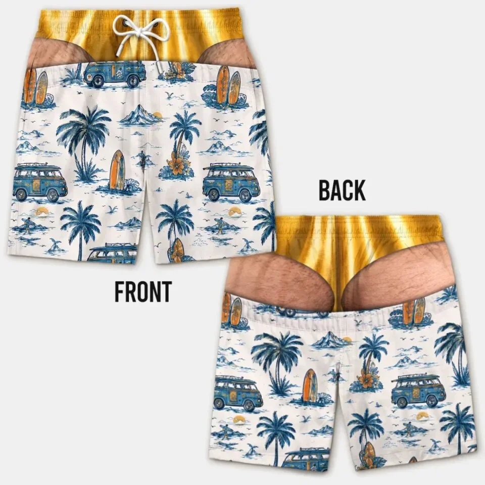 Funny 3D Hairy Butt Print Men’s Beach Shorts Elastic Drawstring Novelty Swim Trunks Quick Dry Pool Party Vacation XXS-6XL