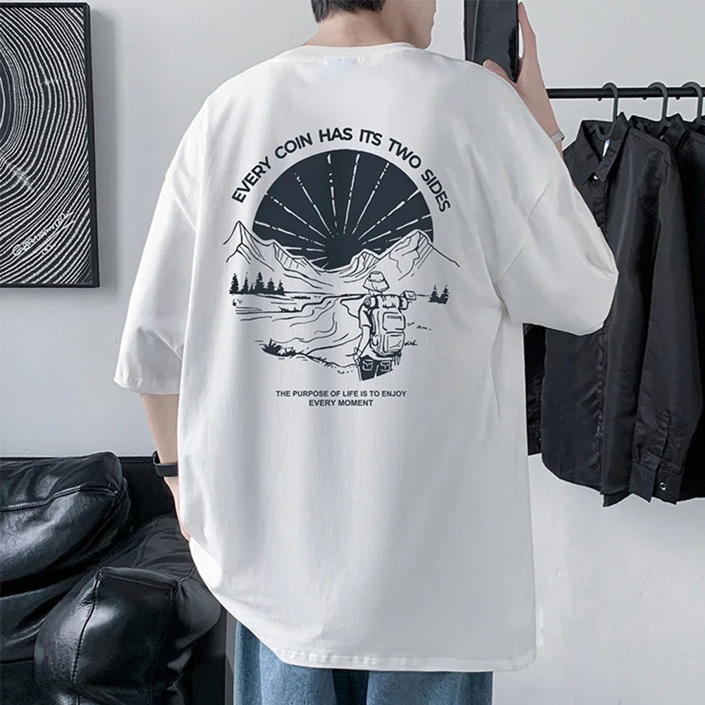 Men's Cotton T-shirt Front Back Print Half Sleeve T-shirt Men's Cotton Summer Loose Oversized Casual O-neck Male Tees