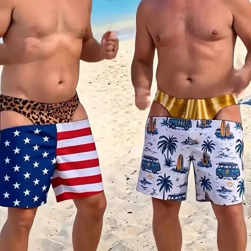 Men's Novel 3D Fake Hip Printed Swimming Pants with Fun Mischief Design Drawstring Summer Beach Surfboard Swimming Shorts