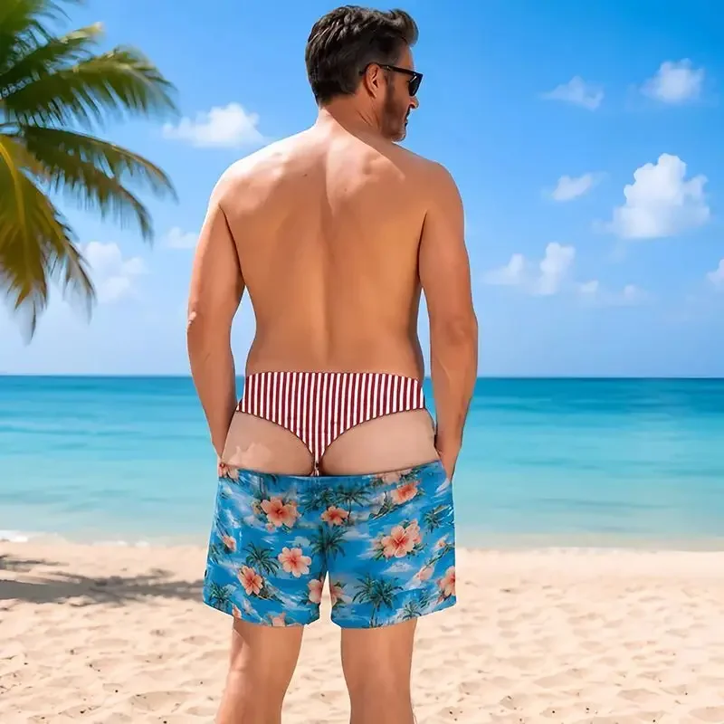 Men's Novel 3D Fake Hip Printed Swimming Pants with Fun Mischief Design Drawstring Summer Beach Surfboard Swimming Shorts