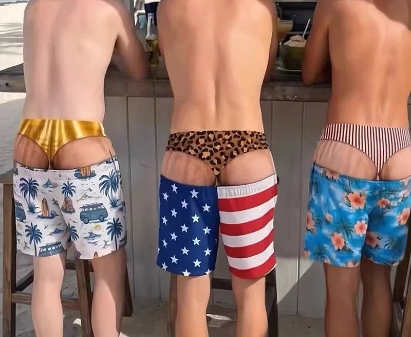 Men's Novel 3D Fake Hip Printed Swimming Pants with Fun Mischief Design Drawstring Summer Beach Surfboard Swimming Shorts