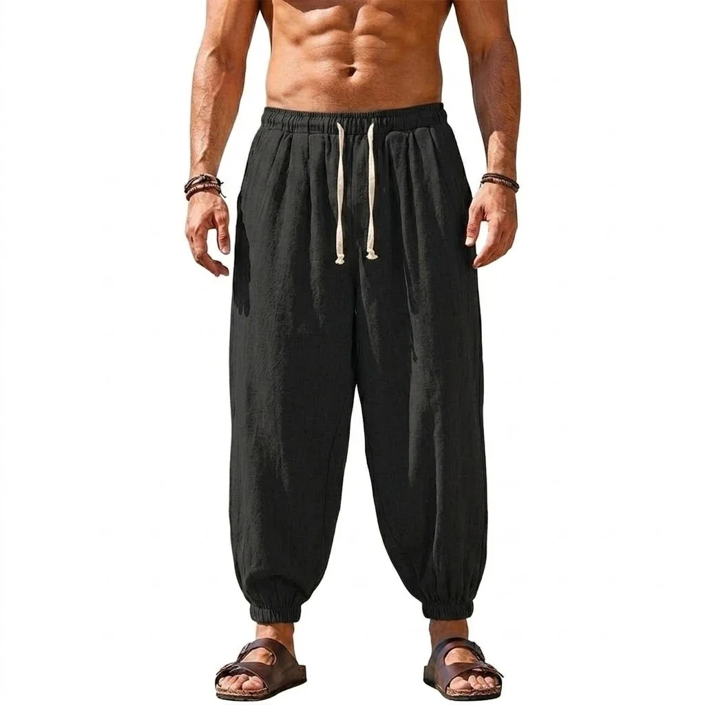 Mens Linen Harem Trousers Baggy Jogger Pants Lightweight Casual Bottoms Breathable Loose Trousers for Hiking Gym and Daily Work