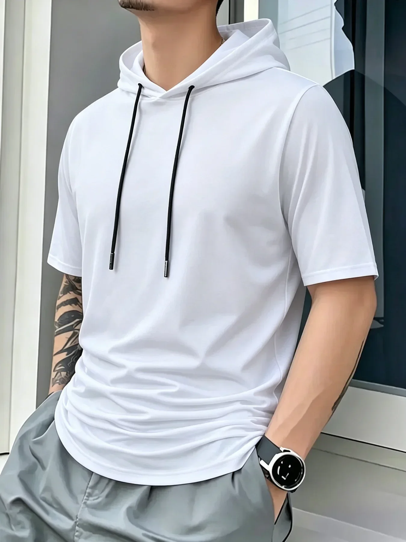 Men Short Sleeve Hooded T-Shirt Breathable Quick Dry Anti-Pilling Drawstring Hood Casual Slim Fit Streetwear Sports Pullover