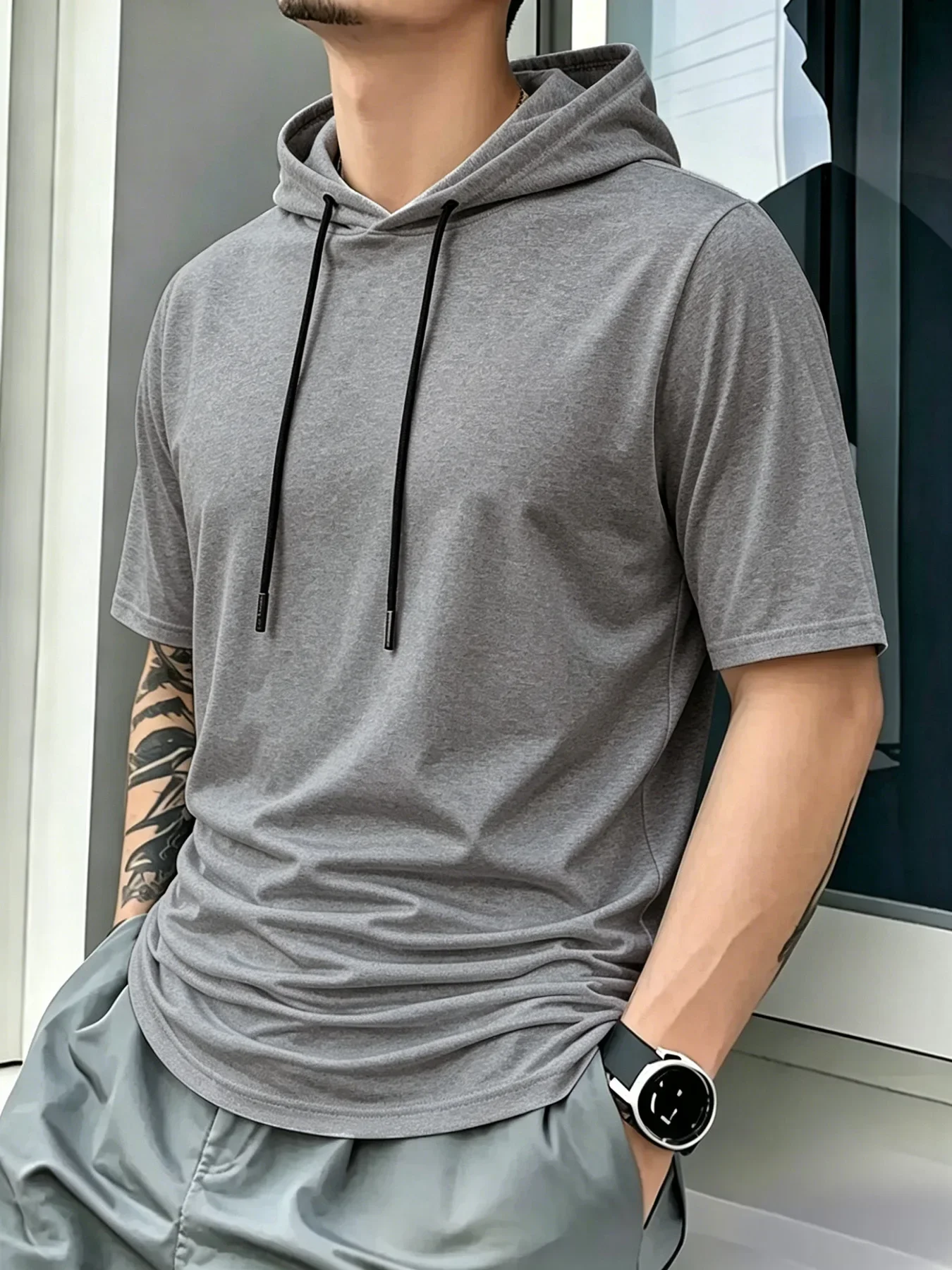 Men Short Sleeve Hooded T-Shirt Breathable Quick Dry Anti-Pilling Drawstring Hood Casual Slim Fit Streetwear Sports Pullover