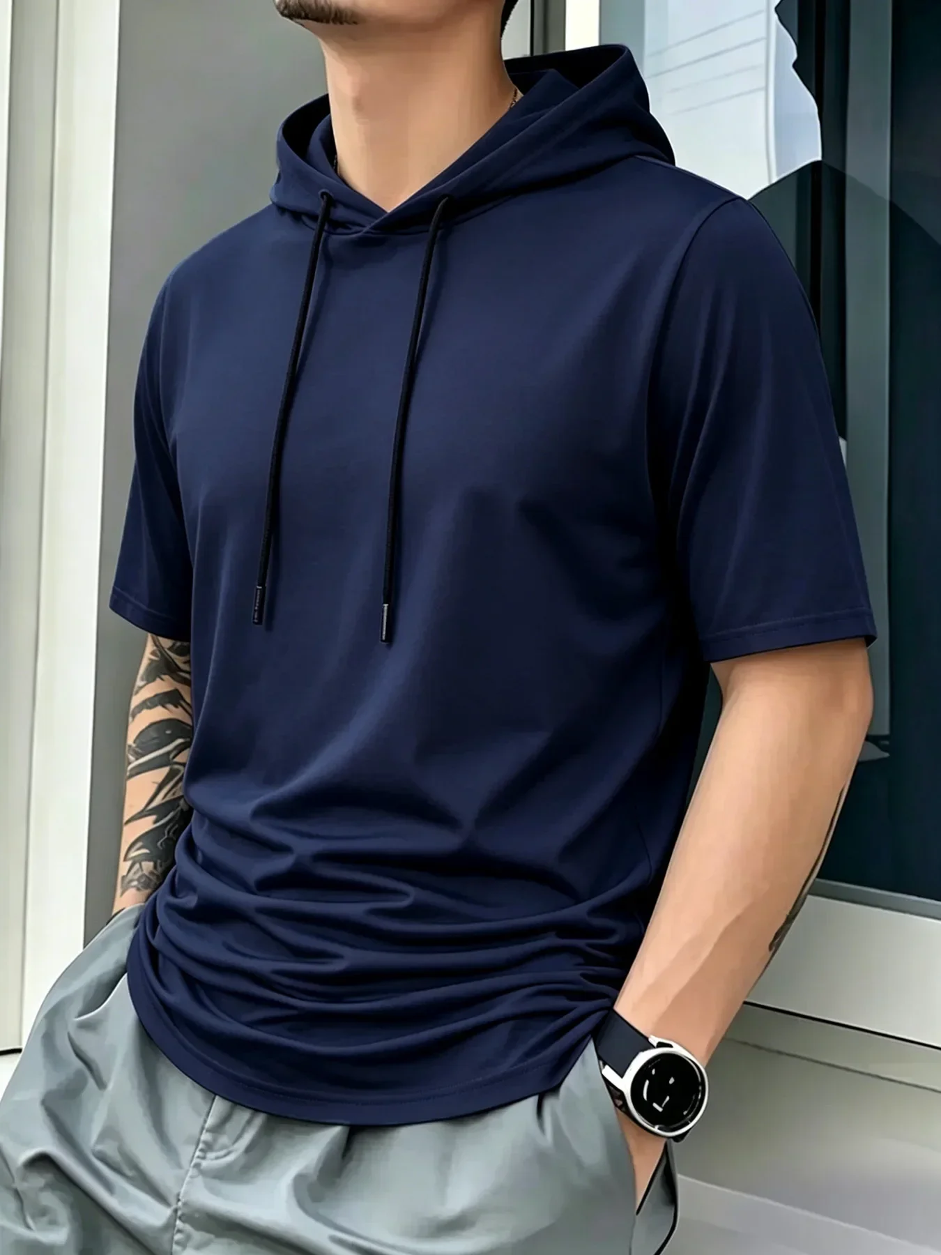 Men Short Sleeve Hooded T-Shirt Breathable Quick Dry Anti-Pilling Drawstring Hood Casual Slim Fit Streetwear Sports Pullover
