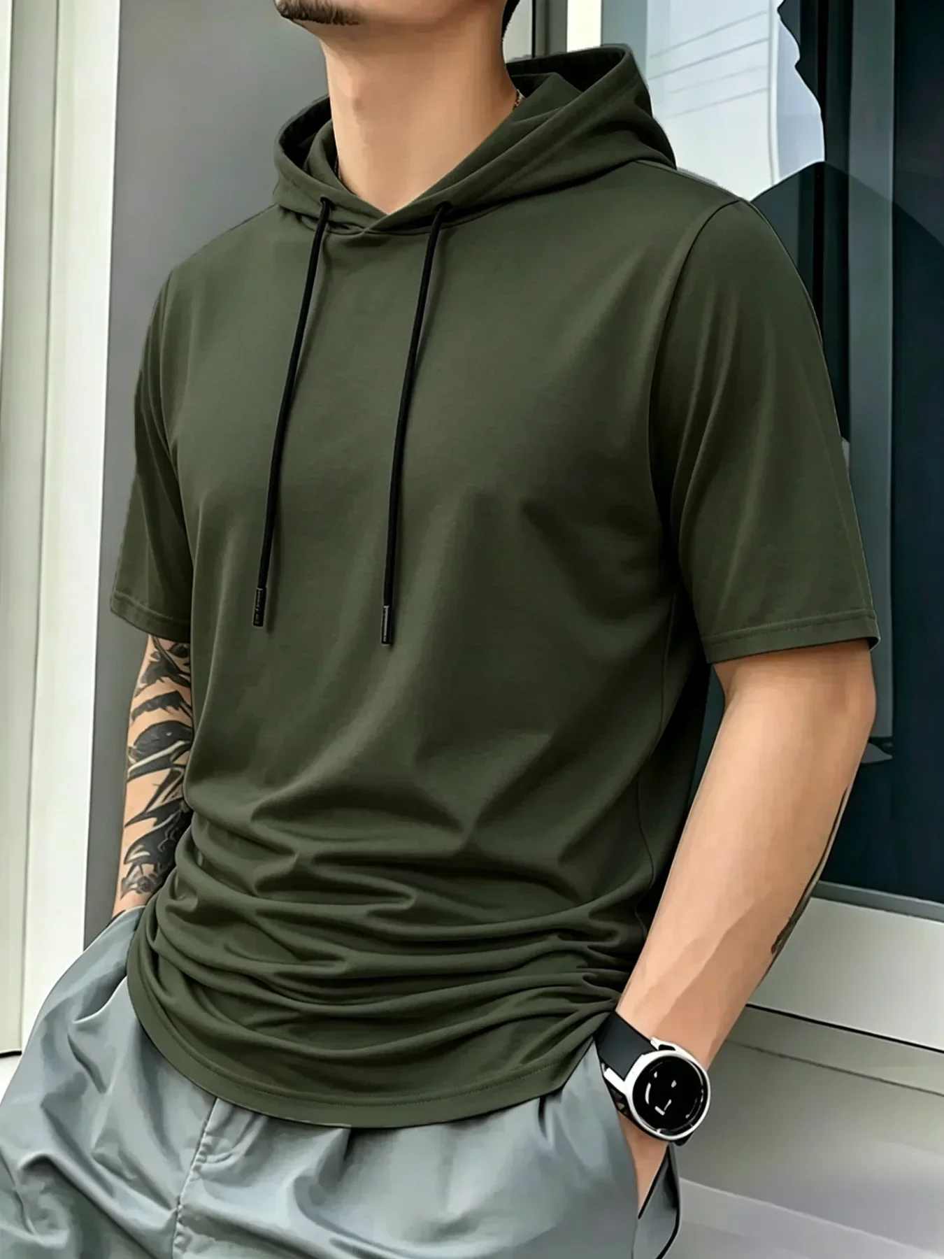Men Short Sleeve Hooded T-Shirt Breathable Quick Dry Anti-Pilling Drawstring Hood Casual Slim Fit Streetwear Sports Pullover