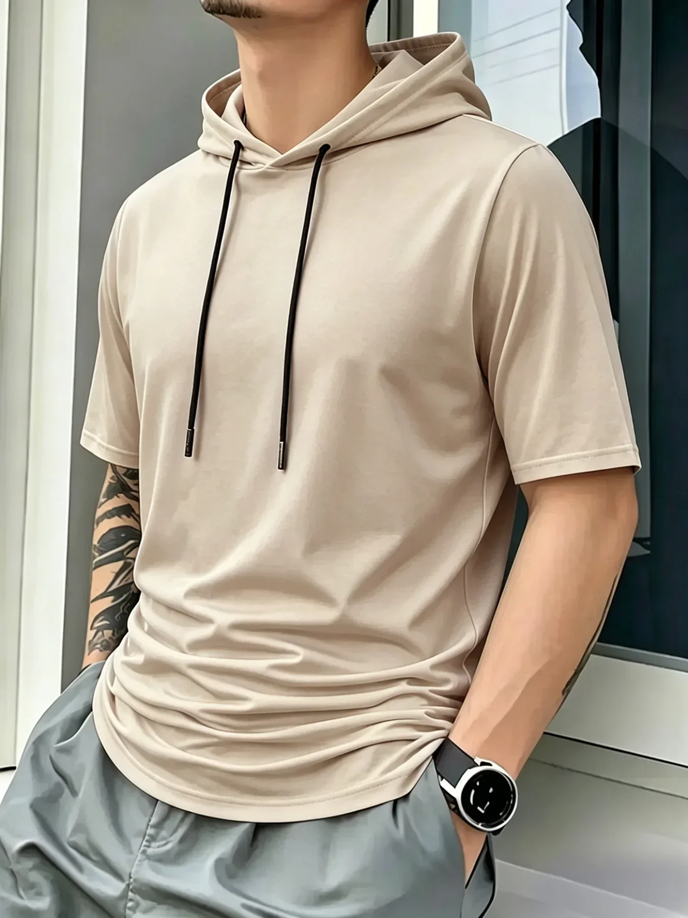 Men Short Sleeve Hooded T-Shirt Breathable Quick Dry Anti-Pilling Drawstring Hood Casual Slim Fit Streetwear Sports Pullover