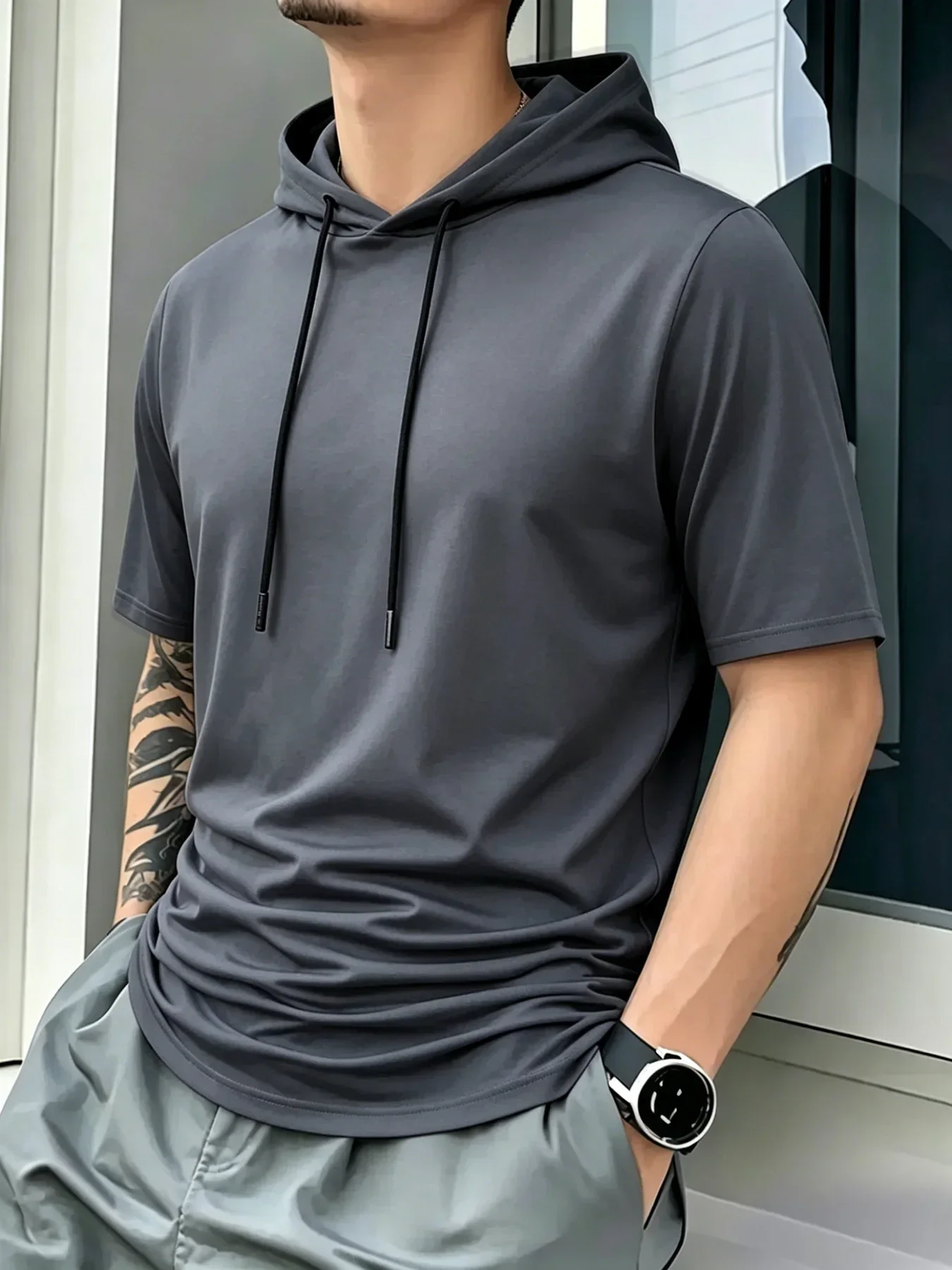 Men Short Sleeve Hooded T-Shirt Breathable Quick Dry Anti-Pilling Drawstring Hood Casual Slim Fit Streetwear Sports Pullover