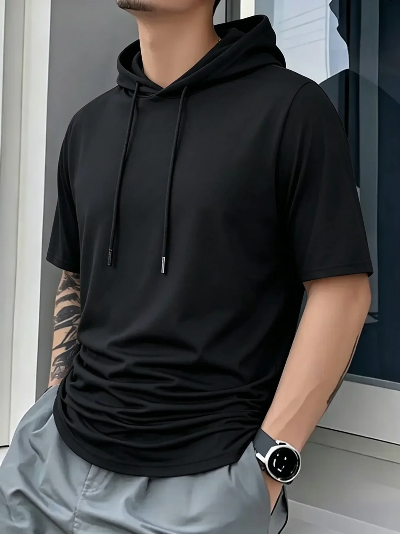 Men Short Sleeve Hooded T-Shirt Breathable Quick Dry Anti-Pilling Drawstring Hood Casual Slim Fit Streetwear Sports Pullover
