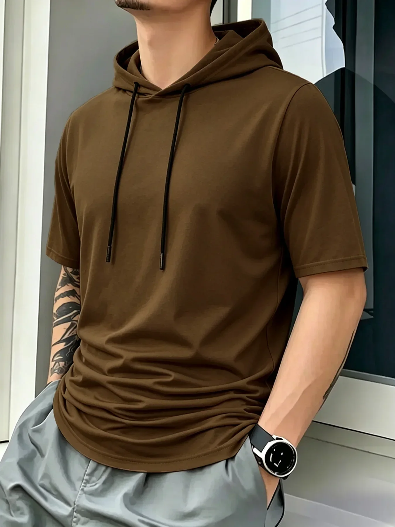 Men Short Sleeve Hooded T-Shirt Breathable Quick Dry Anti-Pilling Drawstring Hood Casual Slim Fit Streetwear Sports Pullover
