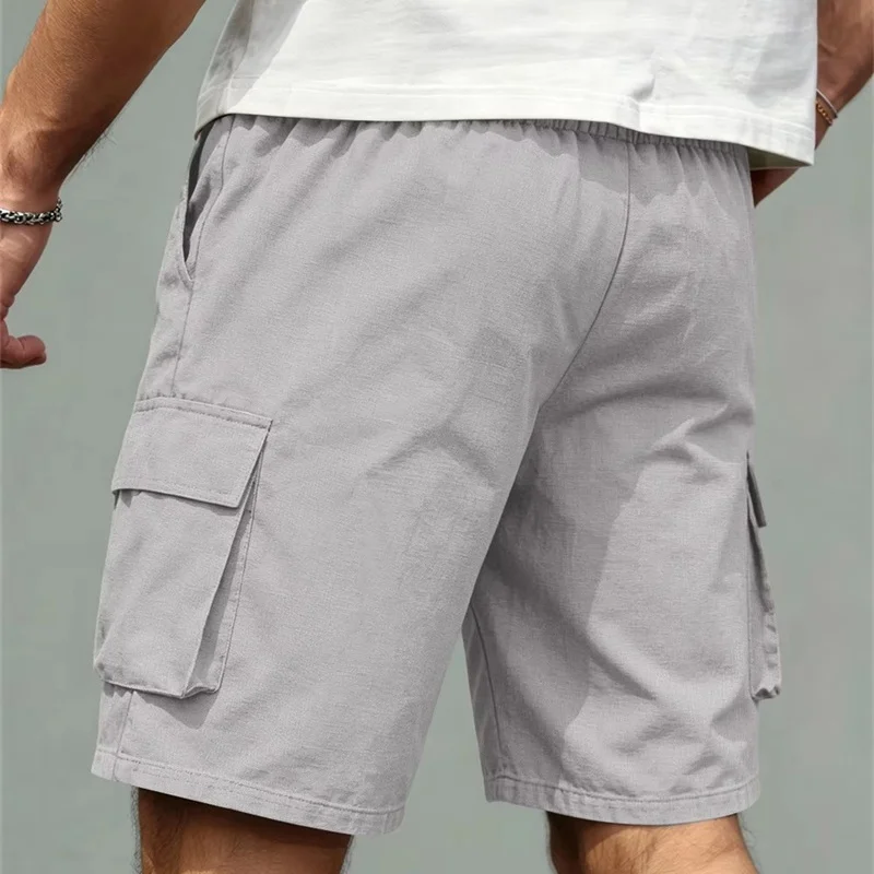 Summer Loose Multi Pocket Cargo Shorts Men Elastic Drawstring Waist Knee Length Shorts Daily Outdoor Casual Work Short Pants