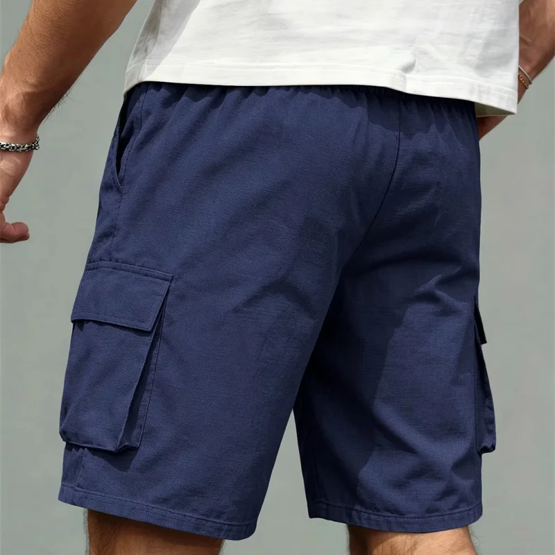 Summer Loose Multi Pocket Cargo Shorts Men Elastic Drawstring Waist Knee Length Shorts Daily Outdoor Casual Work Short Pants