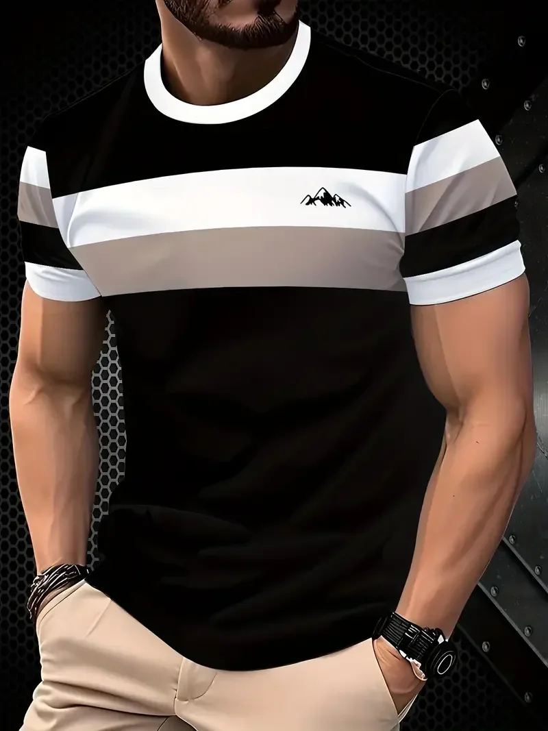 Summer classic men's T-shirt: Outdoor round-neck short-sleeved top with striped print, loose street men's T-shirt with additiona