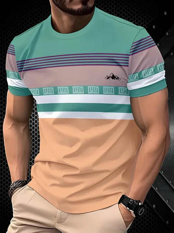Summer classic men's T-shirt: Outdoor round-neck short-sleeved top with striped print, loose street men's T-shirt with additiona