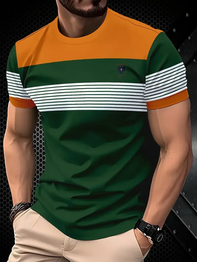 Summer classic men's T-shirt: Outdoor round-neck short-sleeved top with striped print, loose street men's T-shirt with additiona