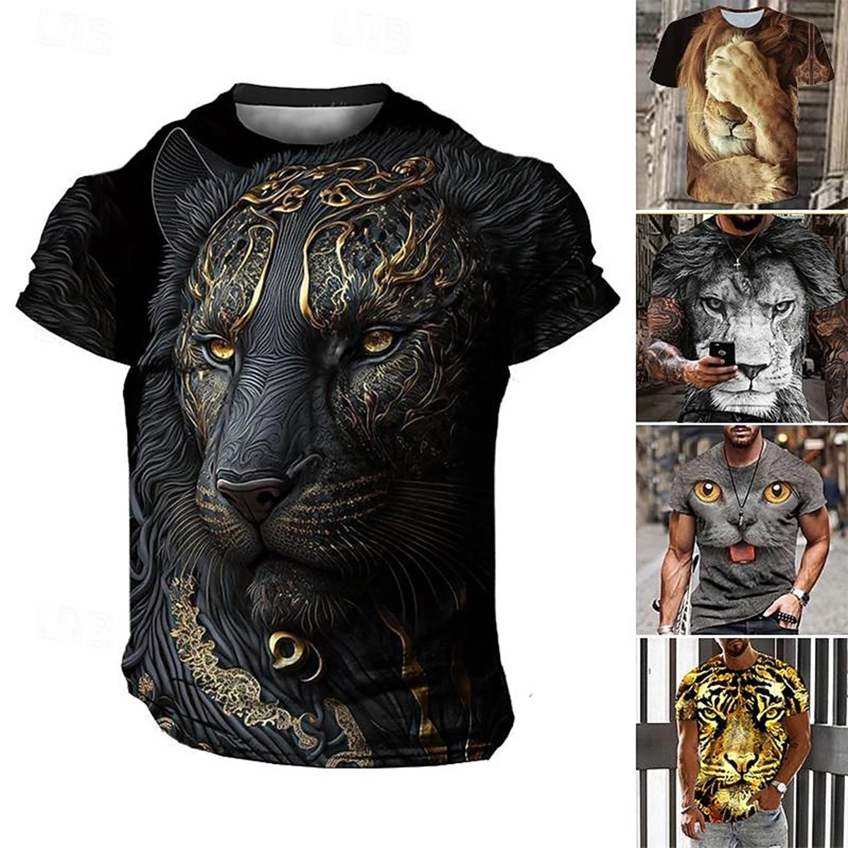 Men's summer street versatile T-shirt 3D printed retro lion new loose quick drying casual breathable short sleeved top