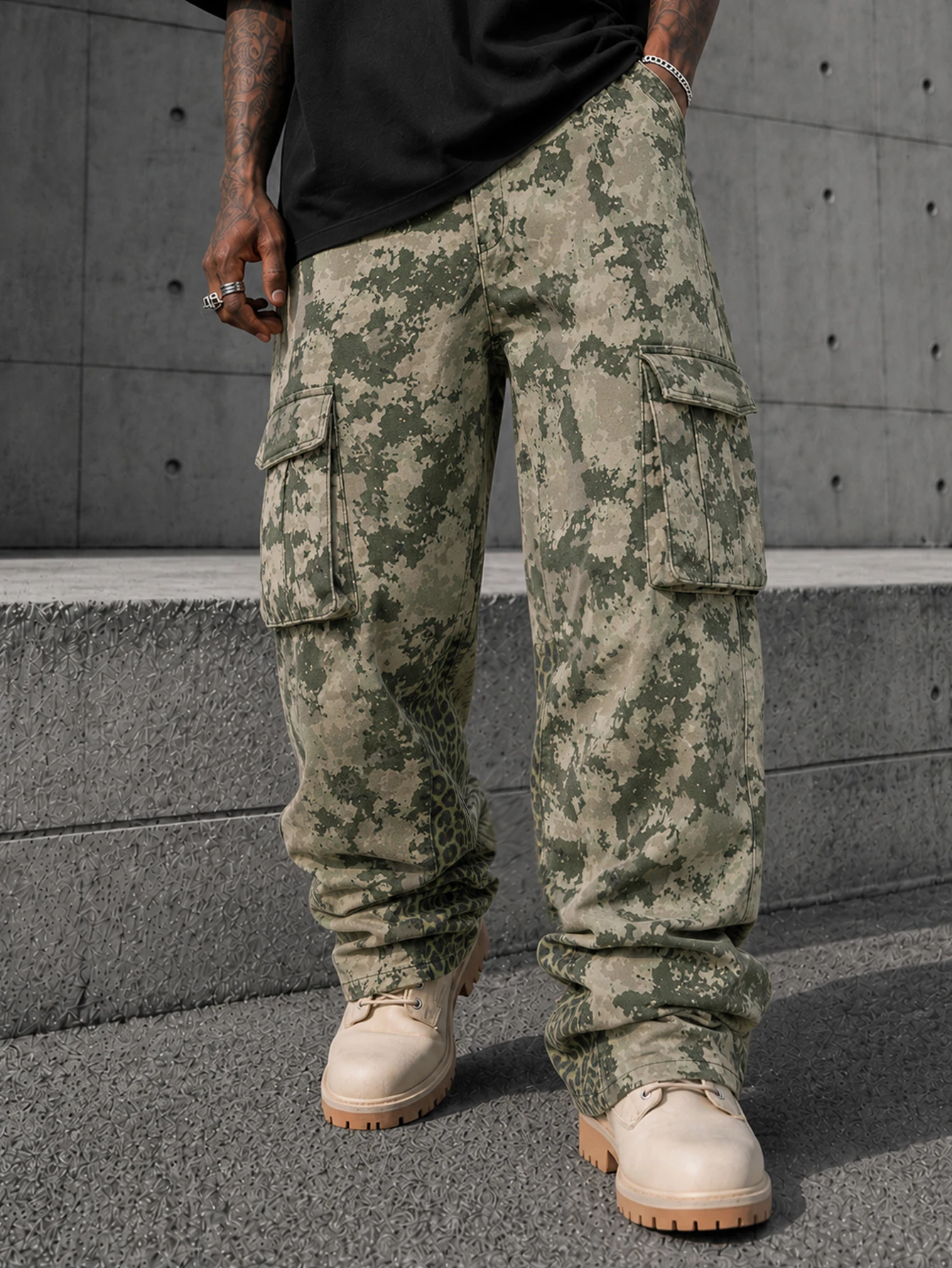 Men's Print Flare Casual Camouflage Print Cargo Sweatpants, Going Out Long Street Wear Pants, Men's Casual Camouflage Print Carg