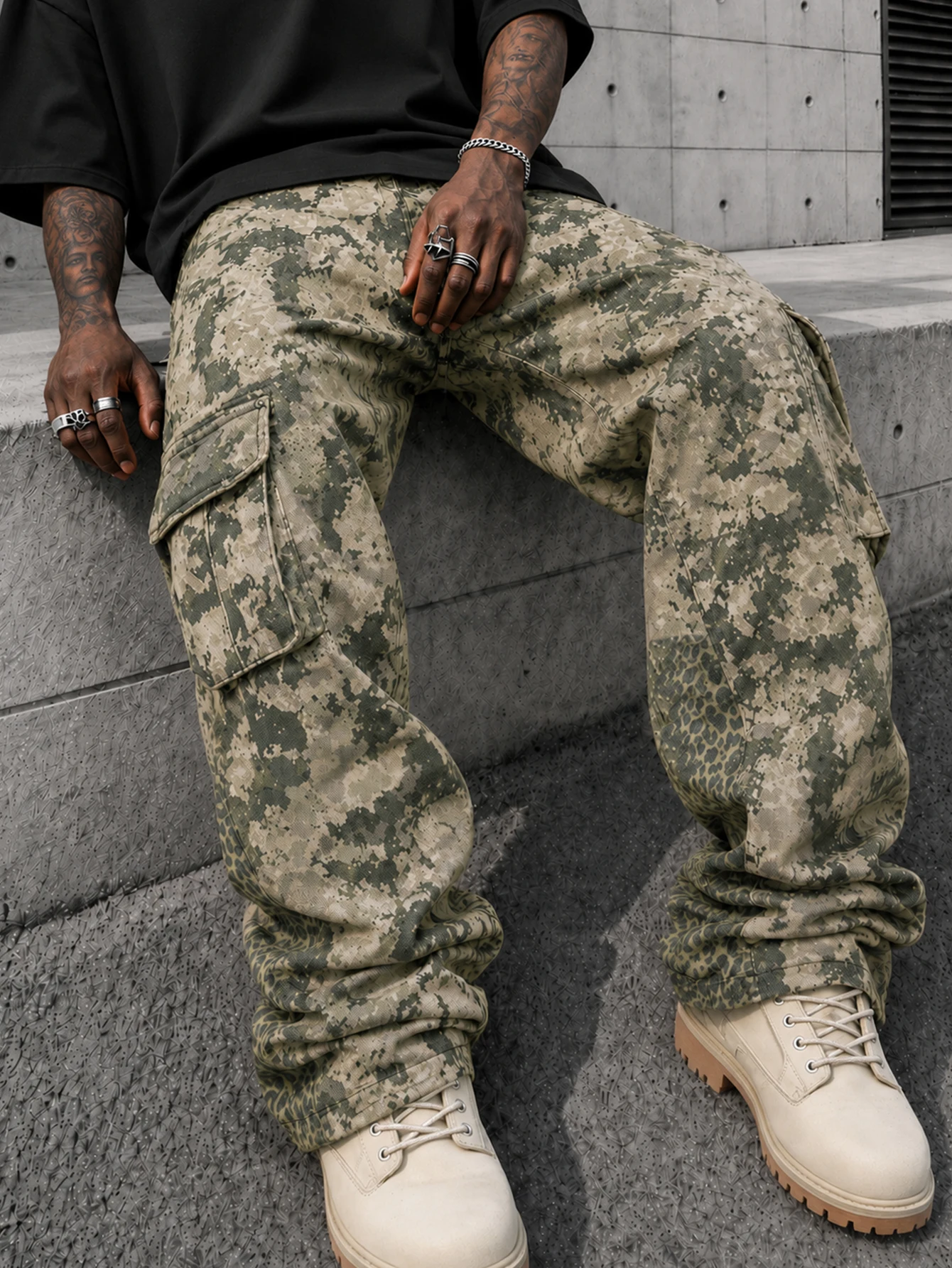 Men's Print Flare Casual Camouflage Print Cargo Sweatpants, Going Out Long Street Wear Pants, Men's Casual Camouflage Print Carg