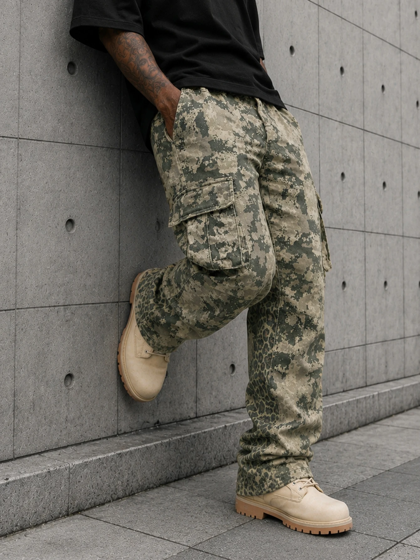 Men's Print Flare Casual Camouflage Print Cargo Sweatpants, Going Out Long Street Wear Pants, Men's Casual Camouflage Print Carg