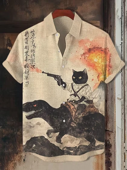 New Retro Art Men's Shirt Black Cat Riding Dinosaur Gun Calligraphy Print Lapel Short Sleeve Linen Fabric Street Trend Mens Wear