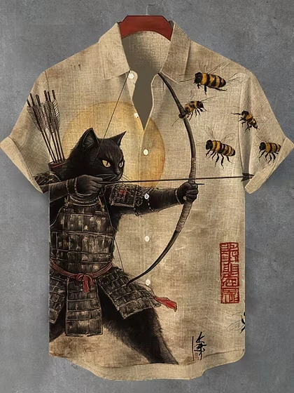 New Retro Art Men's Shirt Black Cat Riding Dinosaur Gun Calligraphy Print Lapel Short Sleeve Linen Fabric Street Trend Mens Wear
