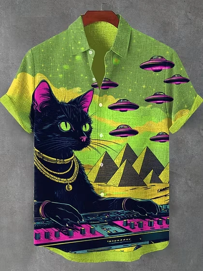 New Retro Art Men's Shirt Black Cat Riding Dinosaur Gun Calligraphy Print Lapel Short Sleeve Linen Fabric Street Trend Mens Wear