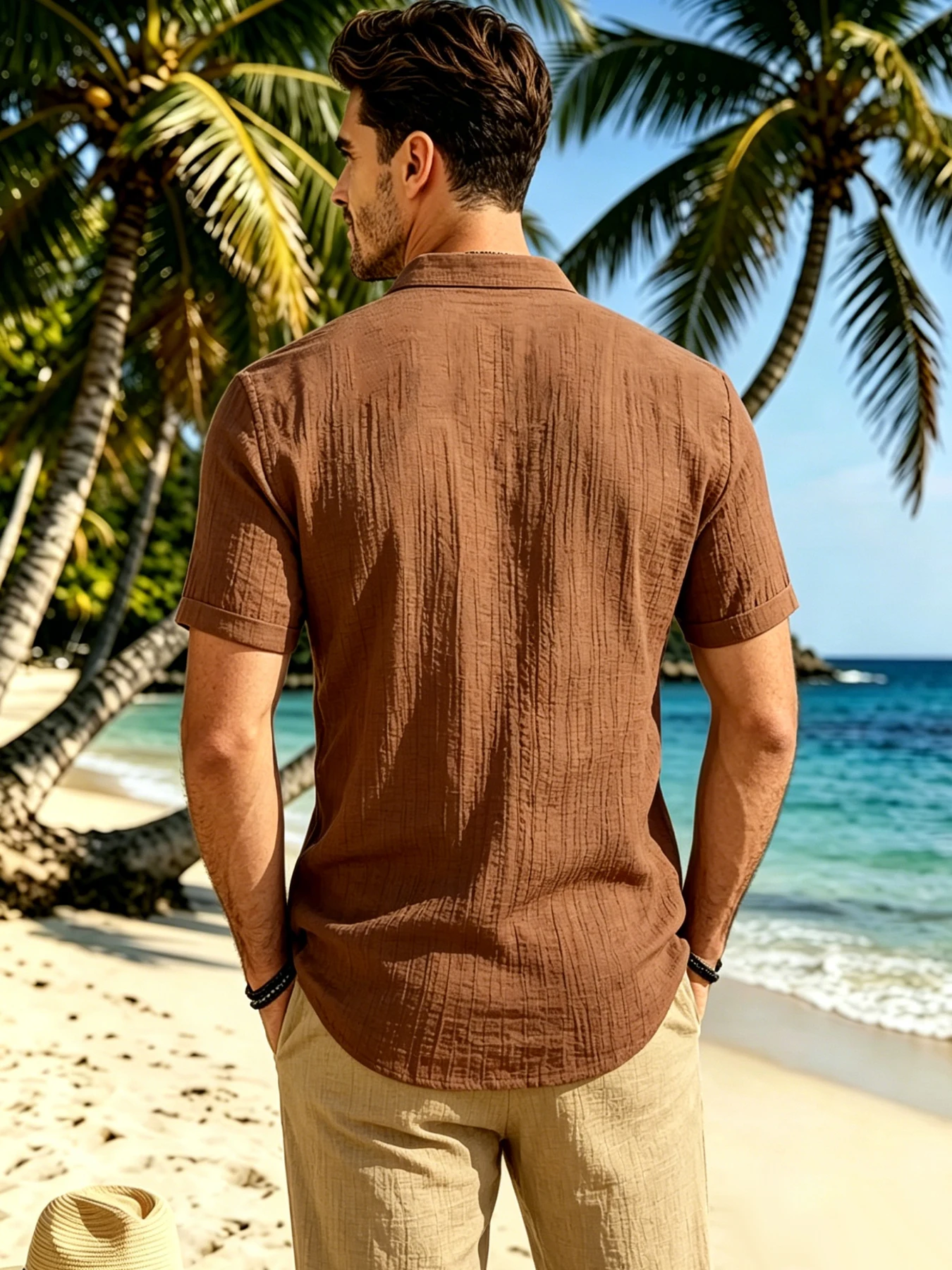 Men's Summer Clean Fit Solid Color Stand Collar Casual Shirt, Japanese Relaxed Vacation Style, Skin-friendly Breathable Vertical