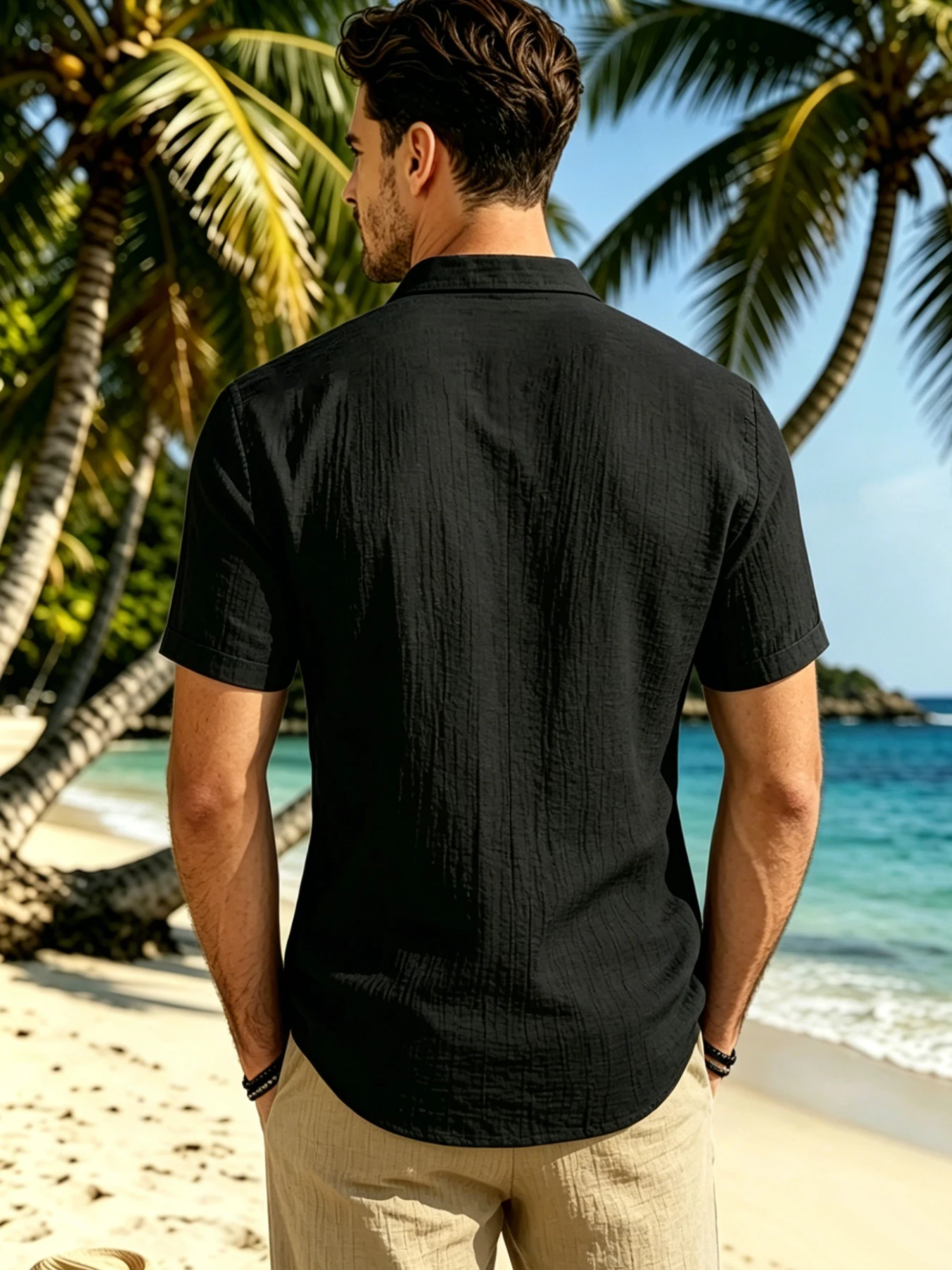 Men's Summer Clean Fit Solid Color Stand Collar Casual Shirt, Japanese Relaxed Vacation Style, Skin-friendly Breathable Vertical