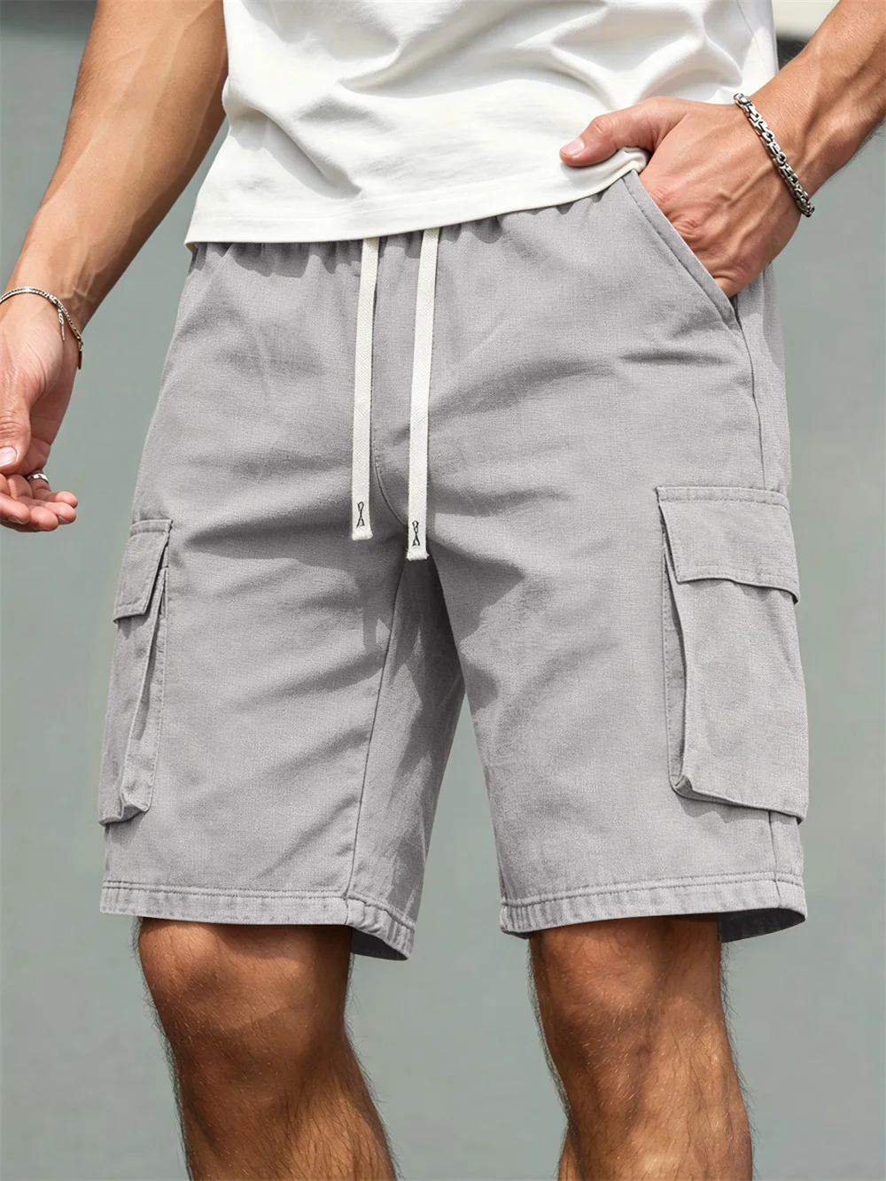 2026 Men's loose  straight-leg pants, casual multi-pocket work shorts, high-end men's shorts, drawstring daily work shorts